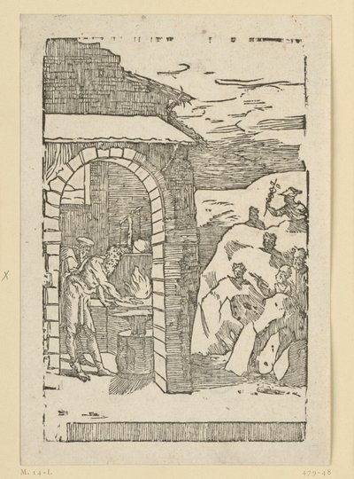 The Call of the Metals. Hephaestus (Vulcan) and a Scholar Stand by the Fire of a Forge, While Outside in the Rocks the Gods (as Representatives of the Metals) are Hidden: Saturn (Lead), Jupiter (Tin), Venus (Copper), Luna (Silver), Mercury (Quicksilver) by Domenico Beccafumi