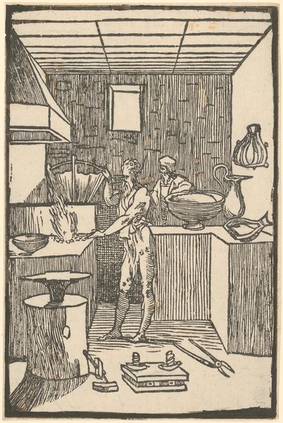 Vulcan at the Forge Making Small Devices, Plate 8 from the series "De la Pirotechnia" by Domenico Beccafumi