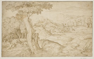 Landscape with a Town and a Sleeping Shepherd by Domenico Campagnola