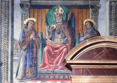 St Zenobius, bishop and protector of Florence, between Saints Eugene and Crescenzio and Marzocco, the lion, symbol of city by Domenico Ghirlandaio, detail by Domenico Ghirlandaio
