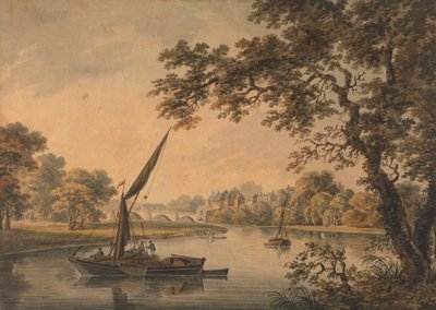 A Bridge over the Thames, with sailing barges in the foreground by Dominic Serres