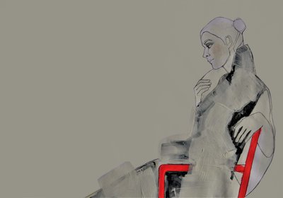 Contemplative Woman in Red by Doris Schmitz