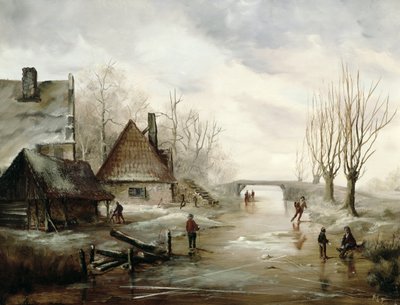 A Winter Landscape with Figures skating in the Foreground by Dutch School