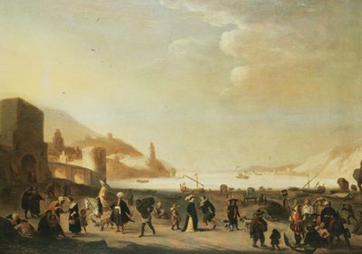 A port with street vendors and peasants in the foreground by Dutch School