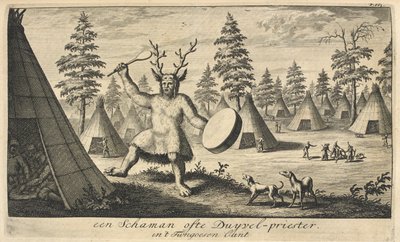A shaman wearing a headpiece made of the antlers of a reindeer, in a Siberian village, published in Amsterdam by Dutch School
