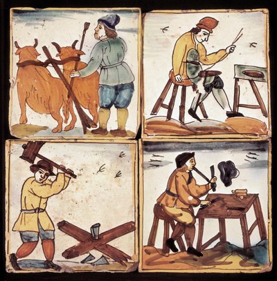 Azulejos Panel: Representation of Trades, Peasant Tillage, Saver, Log Splitter and a Pipier by Dutch School