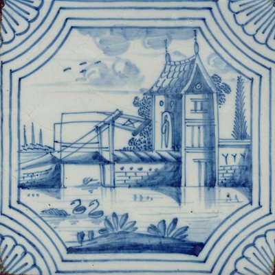 Delft tile showing a drawbridge over a canal by Dutch School