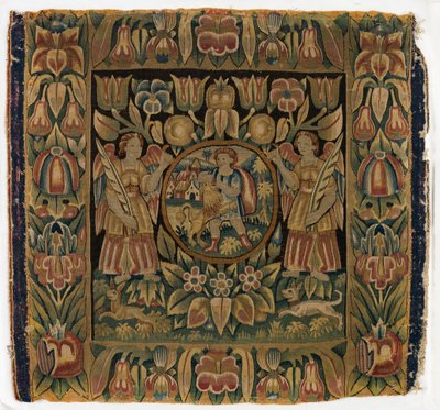 Tapestry, Samson and the Lion in roundel suspended by two angels by Dutch School