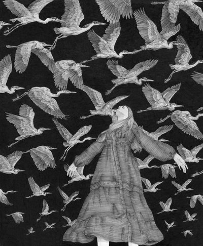 Ethereal Woman Flying Herons by EC Mazur