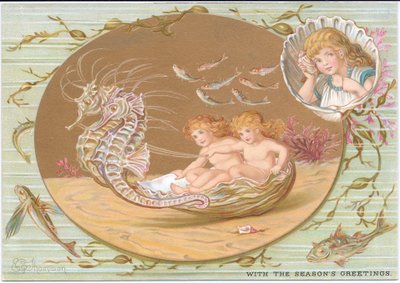 A Victorian Christmas card of two water babies riding in a seashell chariot pulled by a pair of seahorses, all surrounded by seaweed and fish. Also a child, framed in a scallop shell, with a seashell to her ear, listening for the sea, by Gertrude Thompson by E. Gertrude Thompson