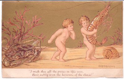 A Victorian greeting card of two water babies by a piece of rope, with a snail and coral on the sea bed, all against a gold background, by Gertrude Thompson by E. Gertrude Thompson