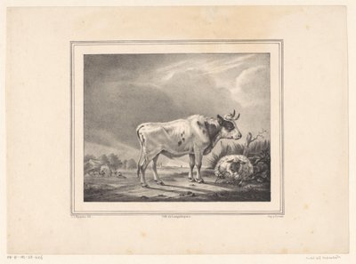 Standing Cow and Lying Sheep in Landscape by E. L. Huygens (possibly)