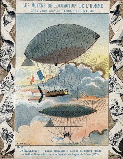 Airship invented by Henri Giffard in 1852 and Navigable airship invented by Dupuy de Lome in the 1872 - From a protective sleeve for school books, late 19th century - Airship by Henry Giffard (1825 - 1882) 1852 and the tethered balloon by Henri Dupuy de Lo by E. Letellier
