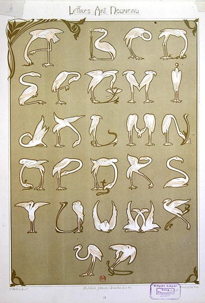 "Art Nouveau" Alphabet using the motif of Pink Flamingos by E. Mulier