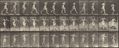 Plate Number 175. Crossing Brook on Stepping-Stones with a Fishing Pole and Can by Eadweard Muybridge