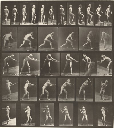 Plate Number 521. A: Walking. B: Ascending Step. C. Throwing Disk. D: Using Shovel by Eadweard Muybridge