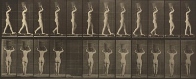 Plate Number 34. Walking and Carrying a 15-lb. Basket on Head, Hands Raised, 1887 by Eadweard Muybridge