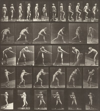Plate Number 521. A: Walking. B: Ascending a step. C: Throwing the disk. D: Using a shovel. E, F: Using a pick by Eadweard Muybridge