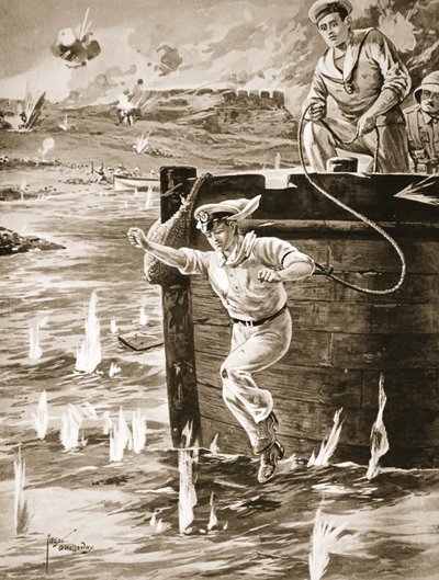 Midshipman Malleson Jumping with a Line from a Barge to Link Up Another Barge Which Was Drifting by Edgar Alfred Holloway