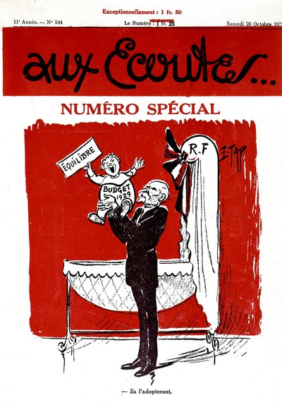 Front Page of French Newspaper Aux Ecoutes with a Baby Representing the Budget of 1929 in the Cradle (French Republic) by Edmond (1861 1943) Tapissier