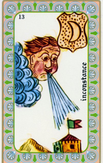 Tarot by Magus Belline drawn by Edmond Billaudot c. 1845 and given to Clairvoyant Belline for Reissue: Card of the Fickleness: Wind is Blowing by Edmond Billaudot