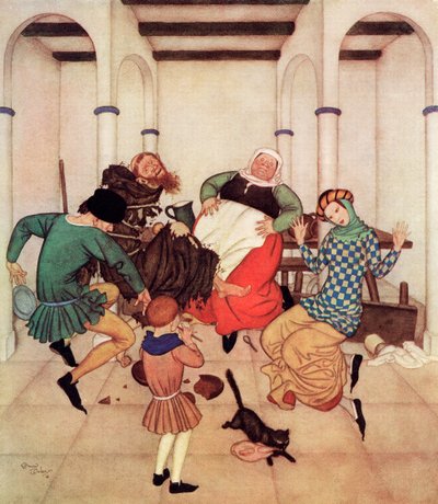 The Friar, Bound Fast to the Post, Squirmed and Wriggled, Showing Plainly That He Would Foot It If He Could, Illustration from the English Fairytale The Friar and the Boy, from Edmund Dulac