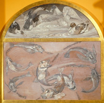 Diptych with fish and ducks in pond by Edoardo Gioja