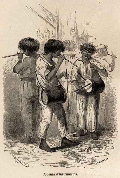 Players of musical instruments in Sarayacu, Peru by Edouard Riou