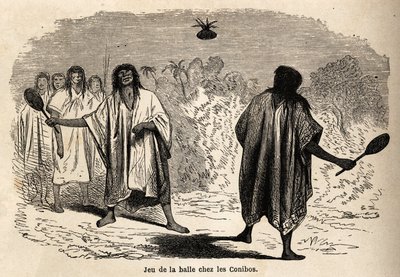 The ball game, among the Indian conibos of Peru, drawing by Riou to illustrate the voyage, from 1848 to 1860, of P. Marcoy, from the Pacific Ocean to the Atlantic Ocean. Engraving in 