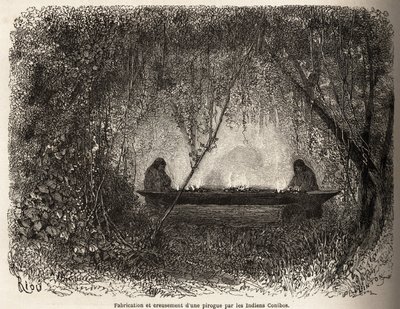 The manufacture of a canoe by the Conibo Indians of Peru. Engraving in Le tour du monde, edited by Edouard Charton by Edouard Riou