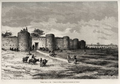 The town of Tiong-Gi, with its fortifications and clay towers. Engraving by Riou, to illustrate the story From Niger to the Gulf of Guinee by Captain Louis Gustave Binger by Edouard Riou