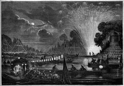Venetian feast in Neuilly given to the benefit of the poor in 1858. Engraving by Riou in 