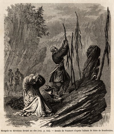 Mongols in devotion to an obo, near the Bakka and Mongolia mountains, drawing by Vaumort to illustrate the journey from Shanghai to Moscow, from 1859 to 1862, of M. de Bourboulon, French minister to China. Engraving in Le tour du monde, edited by Edouard C by Edouard Vaumort