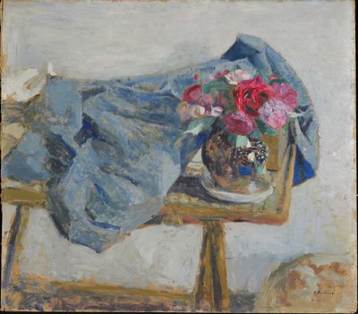 Red Roses and Fabrics on a Table by Edouard Vuillard