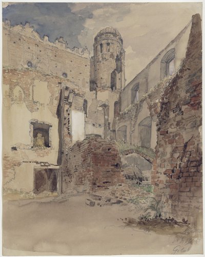 Castle Ruins in Gollub, Courtyard View with Tower by Eduard Gaertner