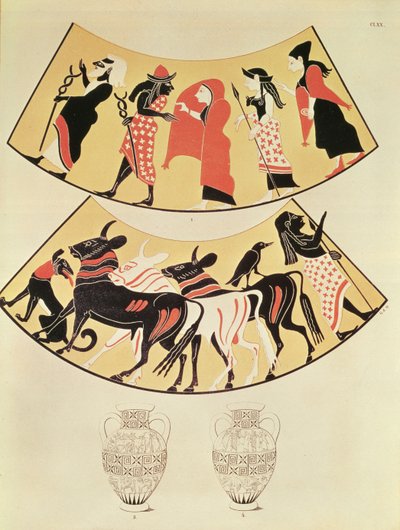 Designs from an Etruscan vase depicting a procession of priests and marking out a new city