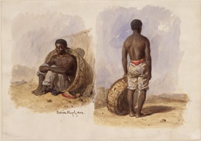 Two Studies of an Afro-Brazilian; Sitting in a Basket Leaned Against the Wall on the Left, Standing with Back View on the Right by Eduard Hildebrandt
