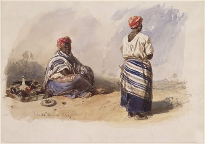 Two Colored Street Vendors; One Sitting Next to a Tray, the Other Standing with Back View by Eduard Hildebrandt