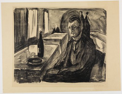 Self-Portrait with Wine Bottle by Edvard Munch