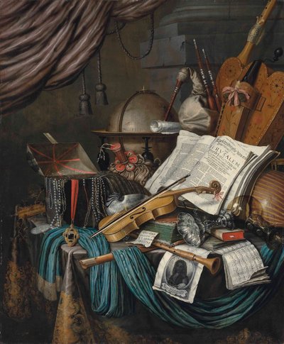 A Globe, a Casket of Jewels and Medallions, Books, Musical Instruments, and a Self-Portrait of the Artist by Edwaert Colyer or Collier