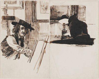Whistler drawing Poynter, back view of a man seated at a table near a lighted lamp by Edward John Poynter