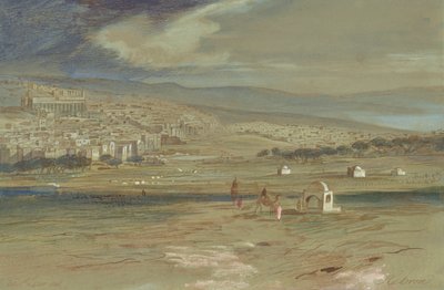 A view of the city of Hebron with camels and figures in the foreground by Edward Lear
