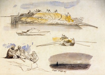 Five sketches of Luxor, three views of a houseboat loaded with straw, a sketch of five Egyptians sitting and a landscape at dusk by Edward Lear