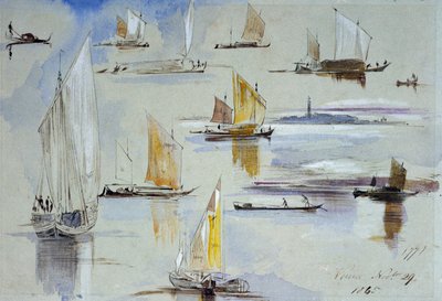 Studies of Venetian Boats, with Annotations. Painting by Edward Lear by Edward Lear