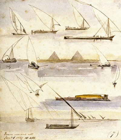 Study of various Egyptian boats, with a scene in front of the pyramids of Giza by Edward Lear