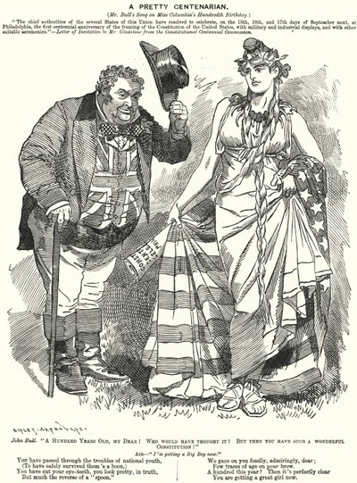 Punch Cartoon: A Pretty Centenarian - The Centenary of the Drafting of the United States Constitution by Edward Linley (after) Sambourne