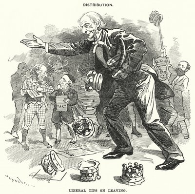 Punch cartoon: Distribution. Liberal Tips on Leaving by Edward Linley (after) Sambourne