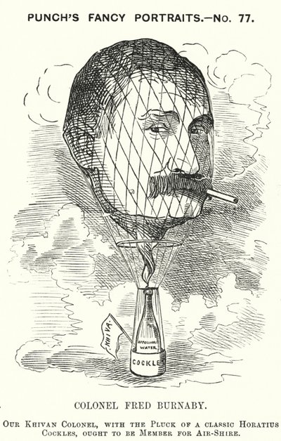 Punch cartoon: Frederick Burnaby, British Army intelligence officer and balloonist by Edward Linley (after) Sambourne