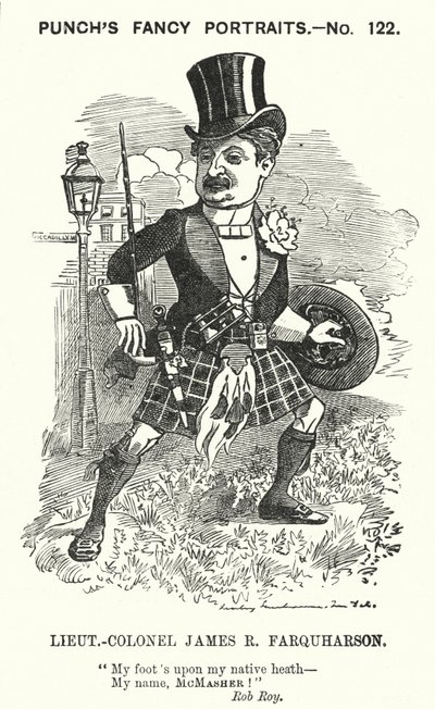 Punch cartoon: James Ross Farquharson, Scottish soldier by Edward Linley (after) Sambourne
