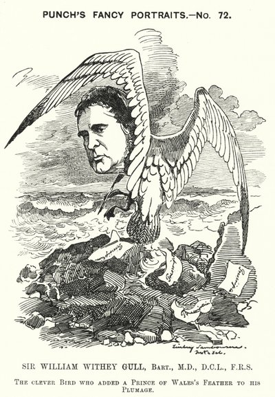 Punch cartoon: Sir William Withey Gull, English physician who treated the Prince of Wales for typhoid and became Physician-in-Ordinary to Queen Victoria by Edward Linley (after) Sambourne